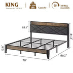 Marco de cama King con cabecero, cama tipo plataforma vintage con estación de carga y estante de almacenamiento, no necesita somier, gris y marrón