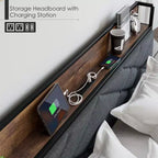 Marco de cama King con cabecero, cama tipo plataforma vintage con estación de carga y estante de almacenamiento, no necesita somier, gris y marrón