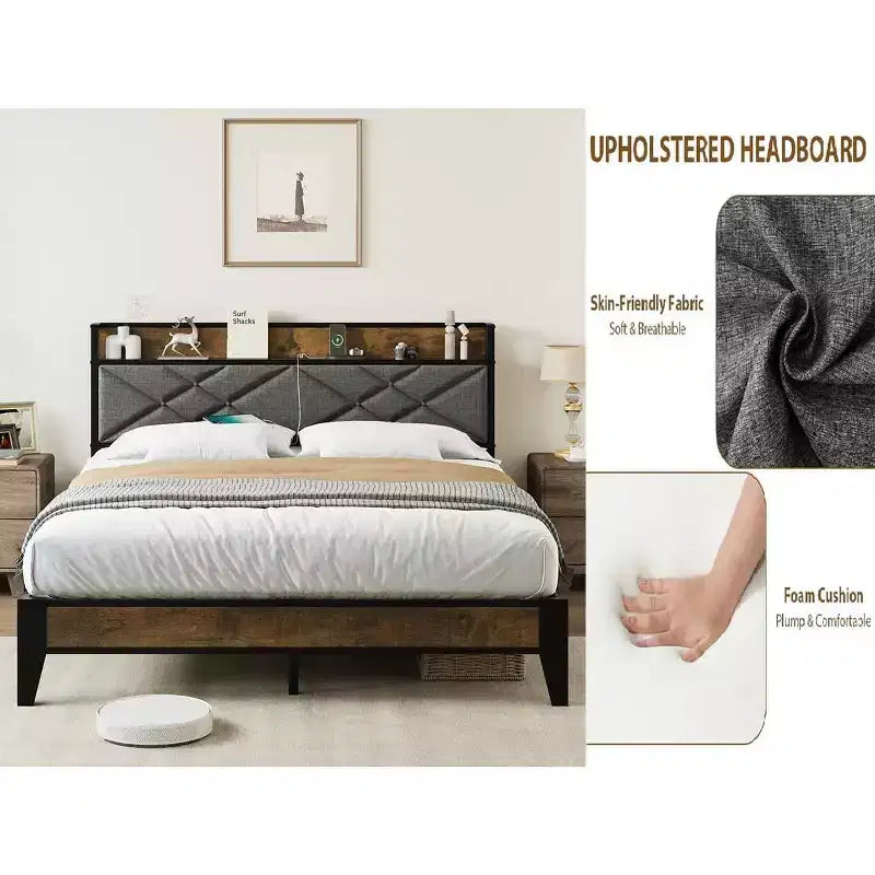 Marco de cama King con cabecero, cama tipo plataforma vintage con estación de carga y estante de almacenamiento, no necesita somier, gris y marrón
