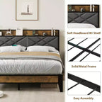Marco de cama King con cabecero, cama tipo plataforma vintage con estación de carga y estante de almacenamiento, no necesita somier, gris y marrón