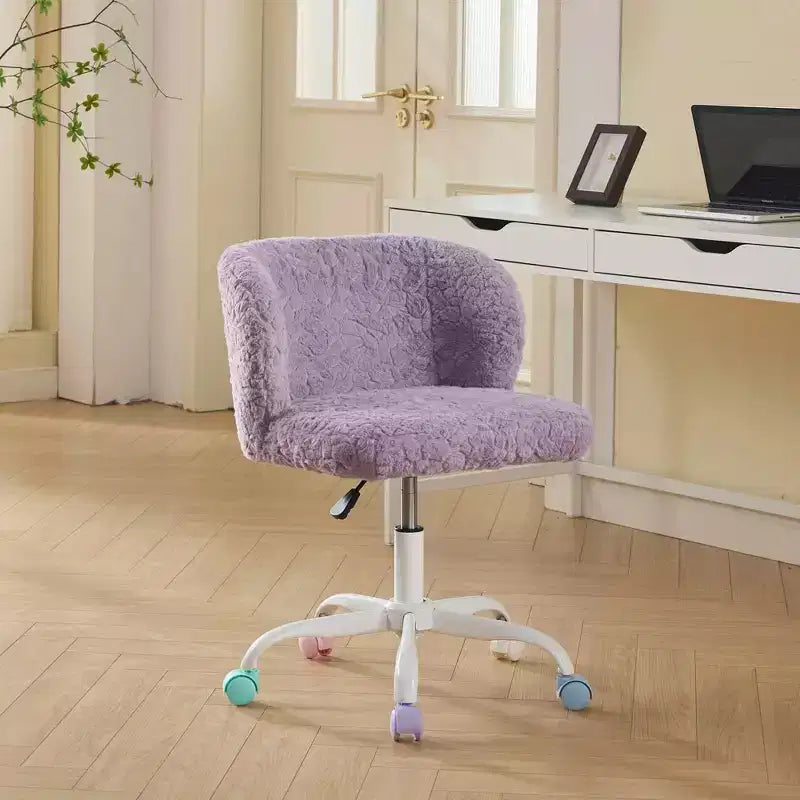 Silla de oficina MAYEERTY de pelo de conejo artificial - Base de metal, giratoria ajustable, silla de tocador, violeta