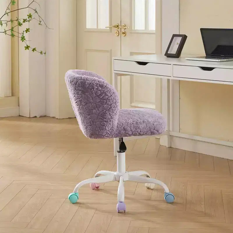 Silla de oficina MAYEERTY de pelo de conejo artificial - Base de metal, giratoria ajustable, silla de tocador, violeta
