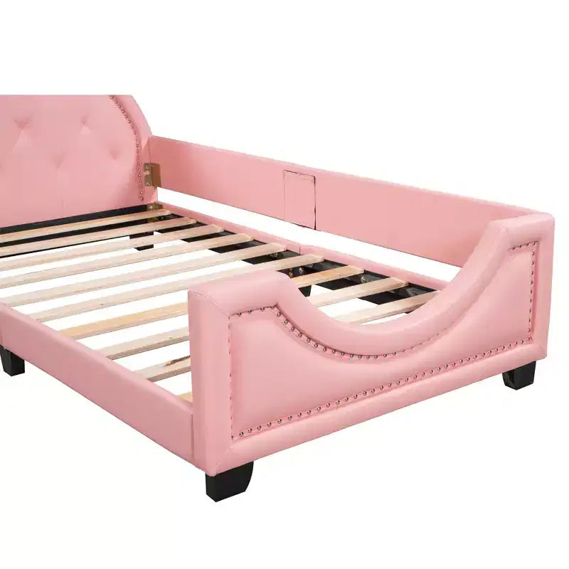 Sofá cama individual de cartón para niños, estructura de sofá cama de piel sintética con cabecero en forma de orejas y decoración de remaches para niñas y niños, rosa