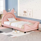 Sofá cama individual de cartón para niños, estructura de sofá cama de piel sintética con cabecero en forma de orejas y decoración de remaches para niñas y niños, rosa