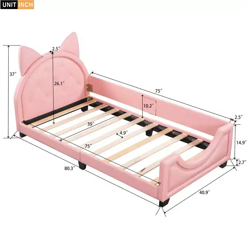 Sofá cama individual de cartón para niños, estructura de sofá cama de piel sintética con cabecero en forma de orejas y decoración de remaches para niñas y niños, rosa