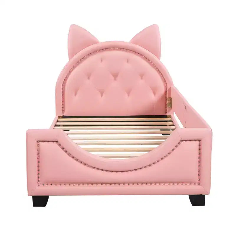 Sofá cama individual de cartón para niños, estructura de sofá cama de piel sintética con cabecero en forma de orejas y decoración de remaches para niñas y niños, rosa