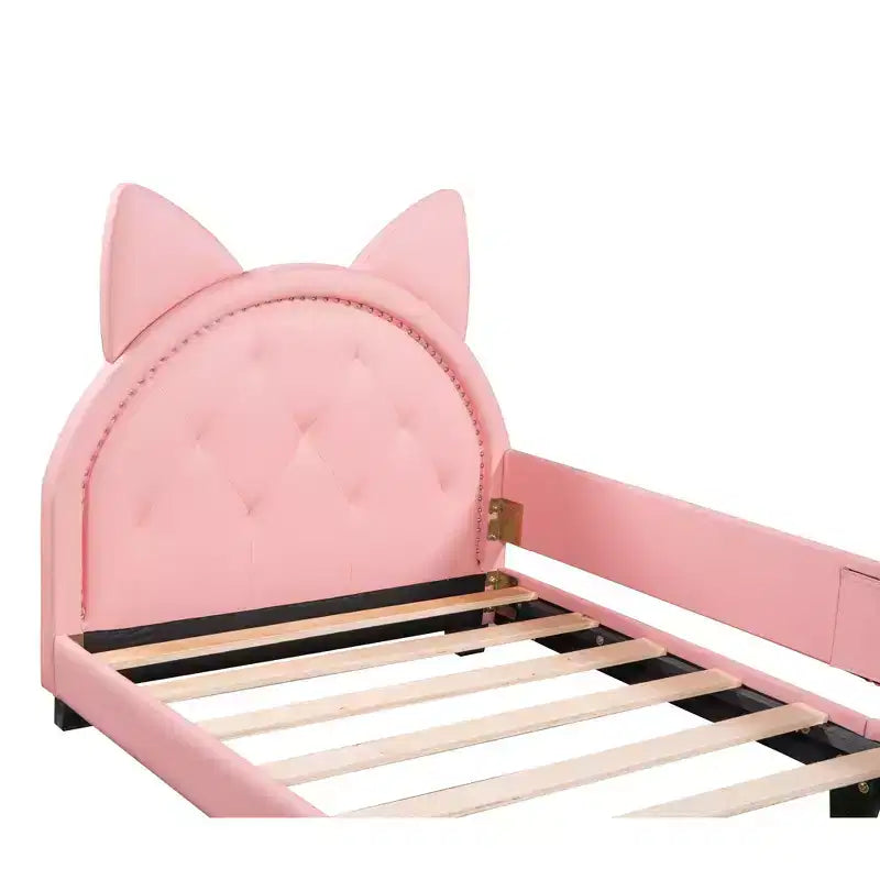 Sofá cama individual de cartón para niños, estructura de sofá cama de piel sintética con cabecero en forma de orejas y decoración de remaches para niñas y niños, rosa