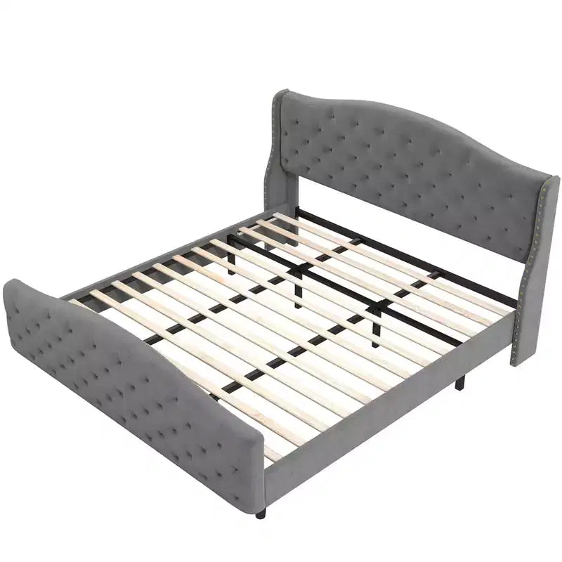 Base de cama Queen con cabecero y piecero, cama de plataforma tapizada en terciopelo con diseño de ala, no necesita somier, capacidad de 800 lb