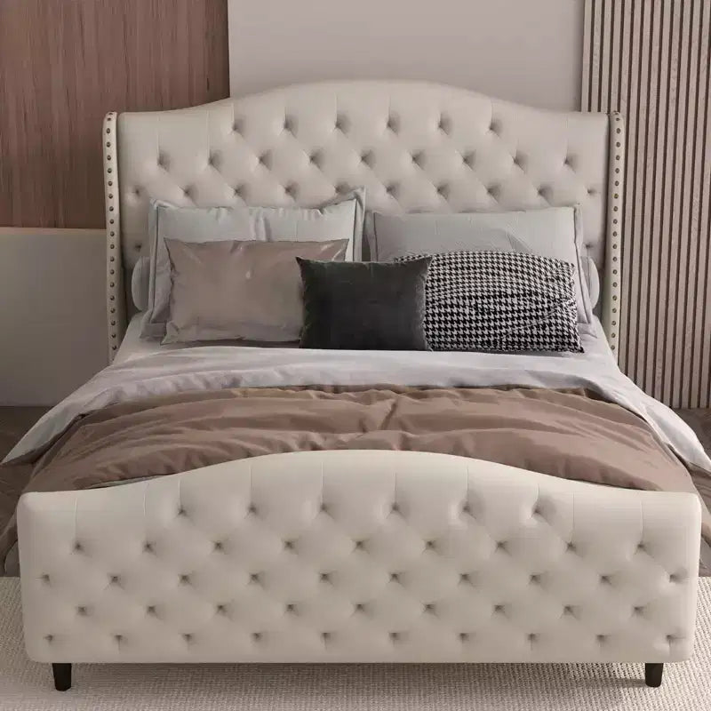 Base de cama Queen con cabecero y piecero, cama de plataforma tapizada en terciopelo con diseño de ala, no necesita somier, capacidad de 800 lb