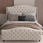 Base de cama Queen con cabecero y piecero, cama de plataforma tapizada en terciopelo con diseño de ala, no necesita somier, capacidad de 800 lb