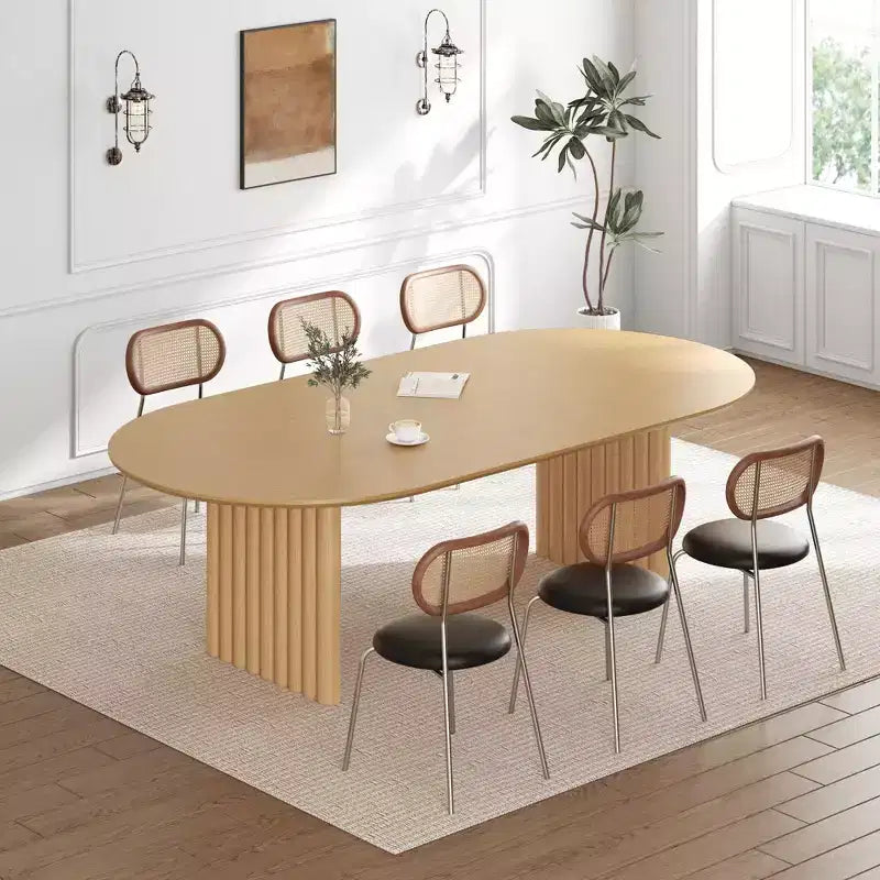 PexFix 79 Mesa de comedor ovalada para 6-8, mesa de cocina de madera con superficie resistente a los arañazos y patas a rayas, estilo rústico moderno para sala de estar o cocina, color natural