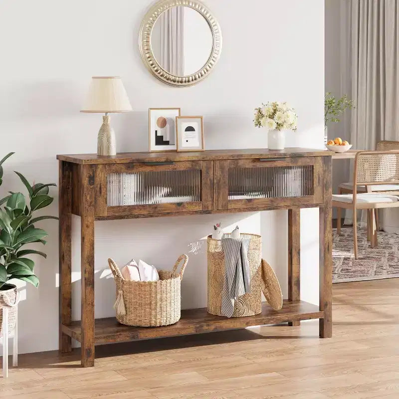 Mesa de entrada de 43.3'', mesa consola de madera con 2 cajones de cristal y estante abierto, almacenamiento detrás del sofá, para sala de estar, pasillo