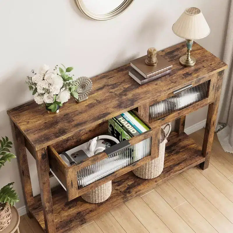 Mesa de entrada de 43.3'', mesa consola de madera con 2 cajones de cristal y estante abierto, almacenamiento detrás del sofá, para sala de estar, pasillo