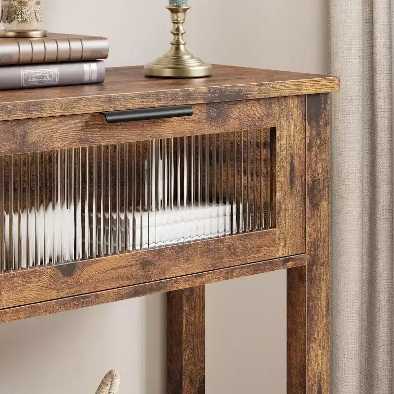 Mesa de entrada de 43.3'', mesa consola de madera con 2 cajones de cristal y estante abierto, almacenamiento detrás del sofá, para sala de estar, pasillo