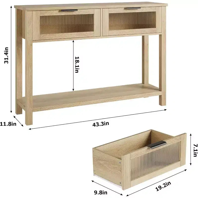 Mesa de entrada de 43.3'', mesa consola de madera con 2 cajones de cristal y estante abierto, almacenamiento detrás del sofá, para sala de estar, pasillo