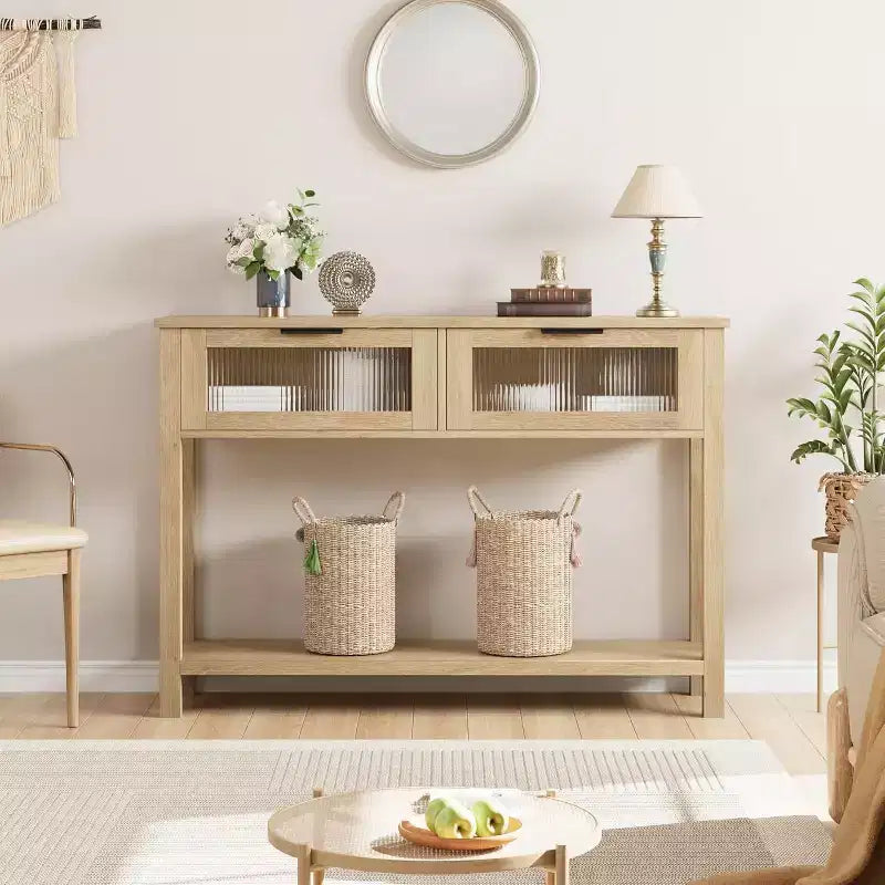 Mesa de entrada de 43.3'', mesa consola de madera con 2 cajones de cristal y estante abierto, almacenamiento detrás del sofá, para sala de estar, pasillo
