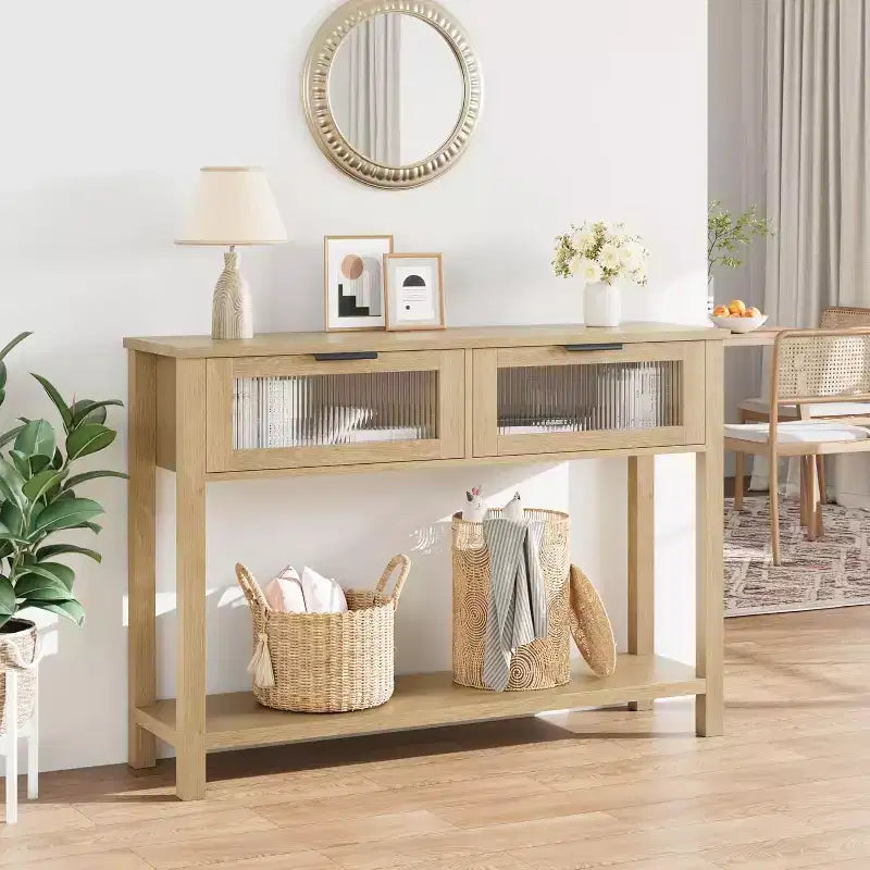 Mesa de entrada de 43.3'', mesa consola de madera con 2 cajones de cristal y estante abierto, almacenamiento detrás del sofá, para sala de estar, pasillo