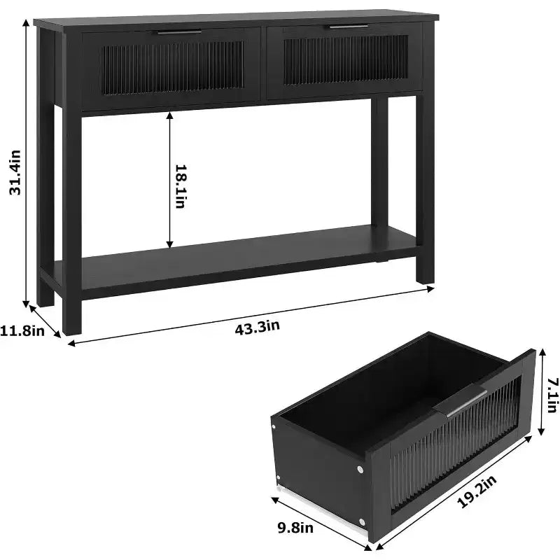 Mesa de entrada de 43.3'', mesa consola de madera con 2 cajones de cristal y estante abierto, almacenamiento detrás del sofá, para sala de estar, pasillo