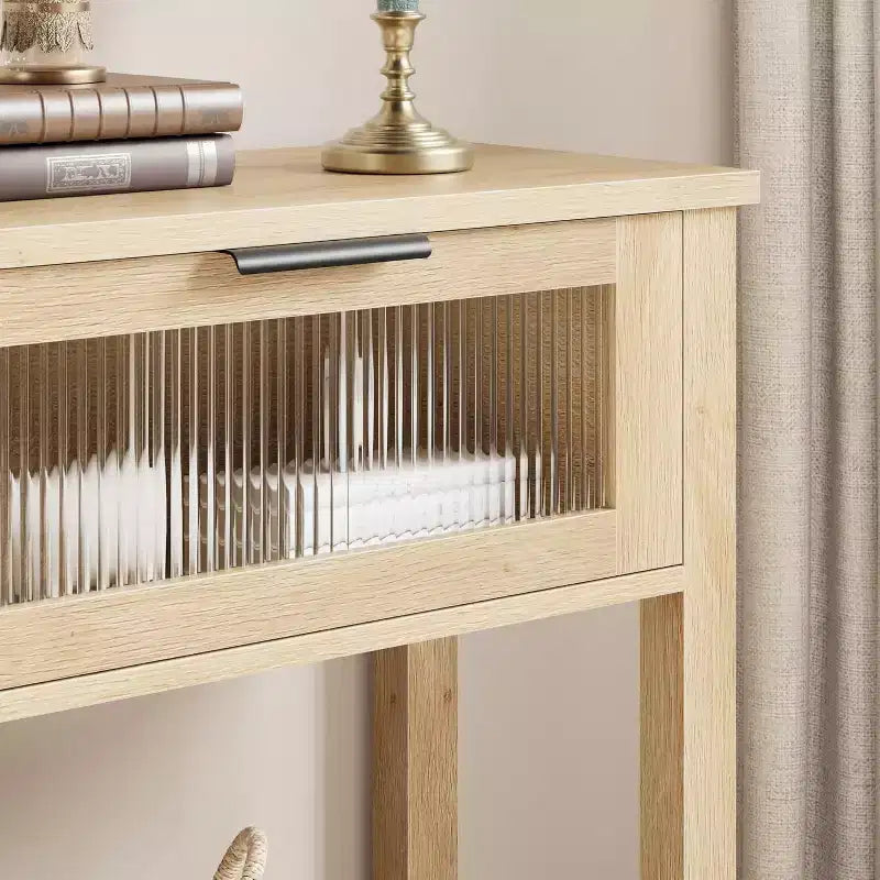 Mesa de entrada de 43.3'', mesa consola de madera con 2 cajones de cristal y estante abierto, almacenamiento detrás del sofá, para sala de estar, pasillo