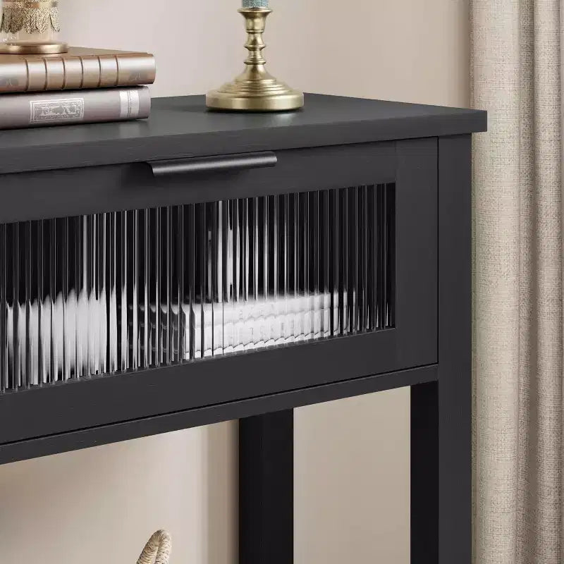 Mesa de entrada de 43.3'', mesa consola de madera con 2 cajones de cristal y estante abierto, almacenamiento detrás del sofá, para sala de estar, pasillo