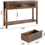 Mesa de entrada de 43.3'', mesa consola de madera con 2 cajones de cristal y estante abierto, almacenamiento detrás del sofá, para sala de estar, pasillo