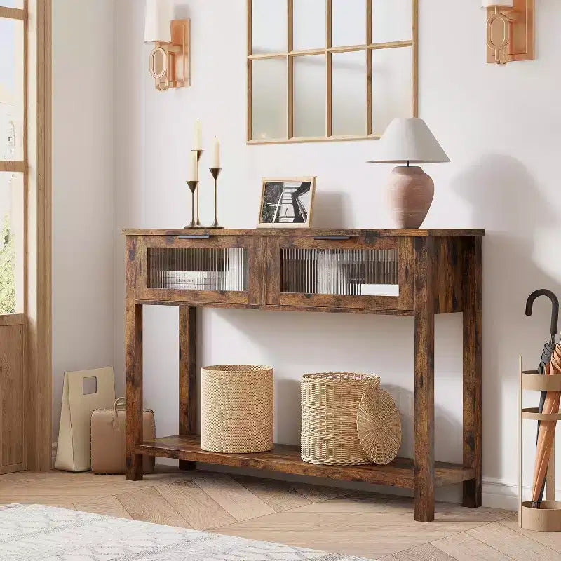 Mesa de entrada de 43.3'', mesa consola de madera con 2 cajones de cristal y estante abierto, almacenamiento detrás del sofá, para sala de estar, pasillo
