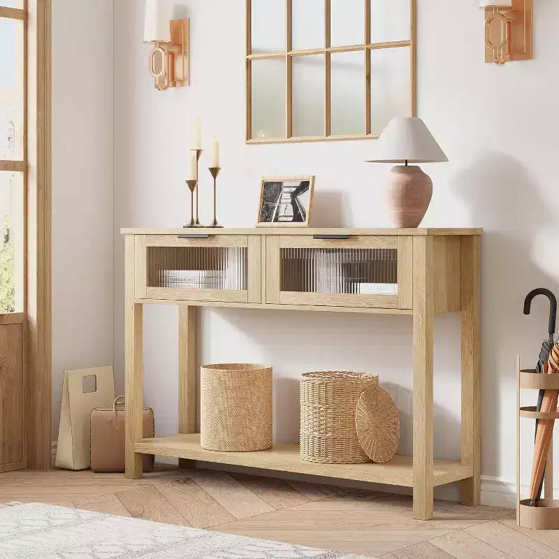 Mesa de entrada de 43.3'', mesa consola de madera con 2 cajones de cristal y estante abierto, almacenamiento detrás del sofá, para sala de estar, pasillo