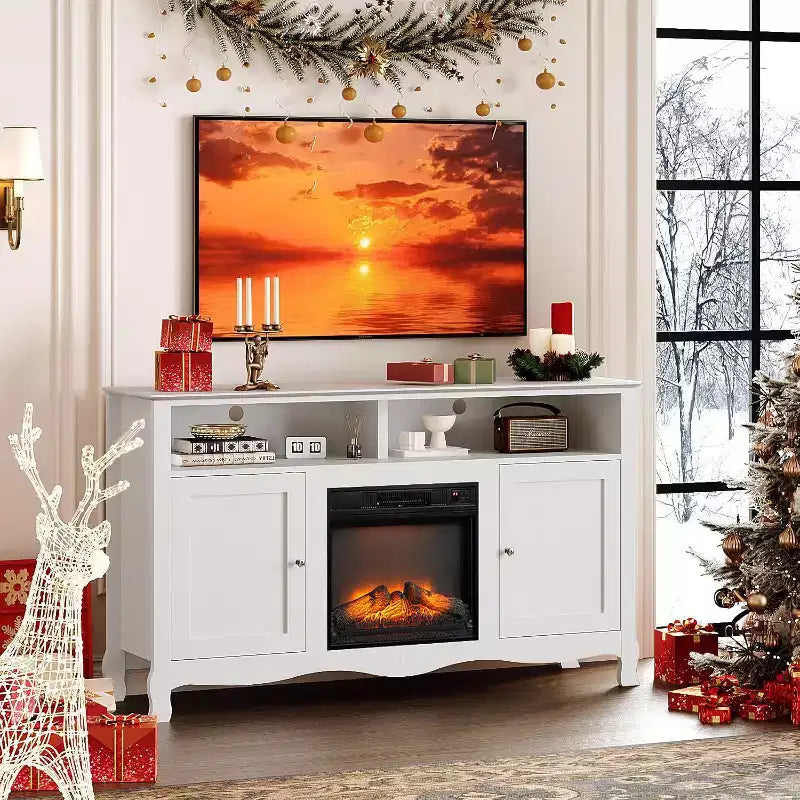 Mueble TV para Chimenea VINGLI de hasta 70 Pulgadas, Centro de Entretenimiento Moderno Francés con Calefactor Eléctrico y Patas Curvas
