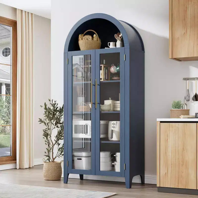 63.2 Gabinete de despensa de cocina con arco, estante de exhibición de 5 niveles con estante ajustable y 2 puertas grandes de vidrio, para cocina, comedor, sala de estar