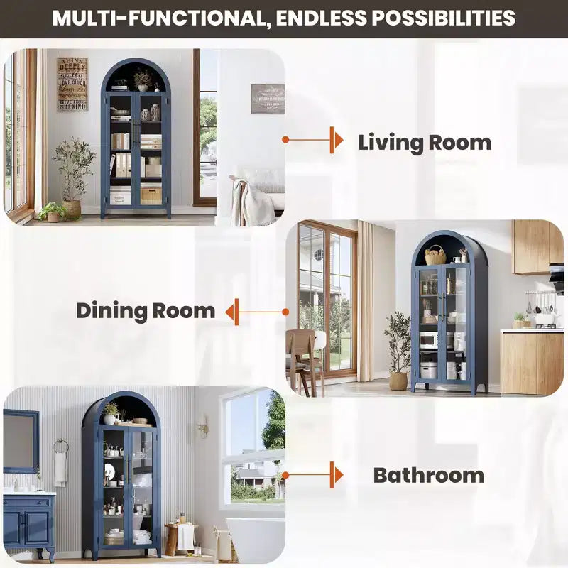 63.2 Gabinete de despensa de cocina con arco, estante de exhibición de 5 niveles con estante ajustable y 2 puertas grandes de vidrio, para cocina, comedor, sala de estar