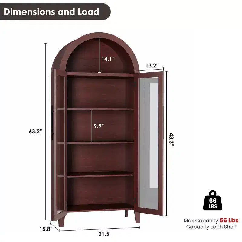 63.2 Gabinete de despensa de cocina con arco, estante de exhibición de 5 niveles con estante ajustable y 2 puertas grandes de vidrio, para cocina, comedor, sala de estar