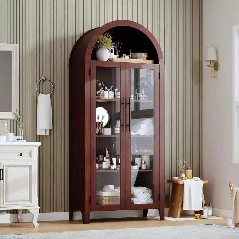 63.2 Gabinete de despensa de cocina con arco, estante de exhibición de 5 niveles con estante ajustable y 2 puertas grandes de vidrio, para cocina, comedor, sala de estar