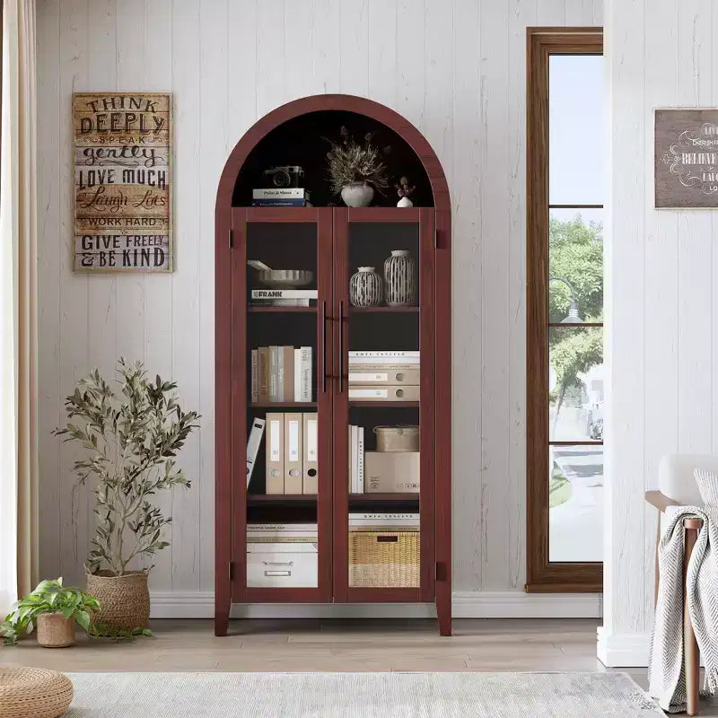 63.2 Gabinete de despensa de cocina con arco, estante de exhibición de 5 niveles con estante ajustable y 2 puertas grandes de vidrio, para cocina, comedor, sala de estar