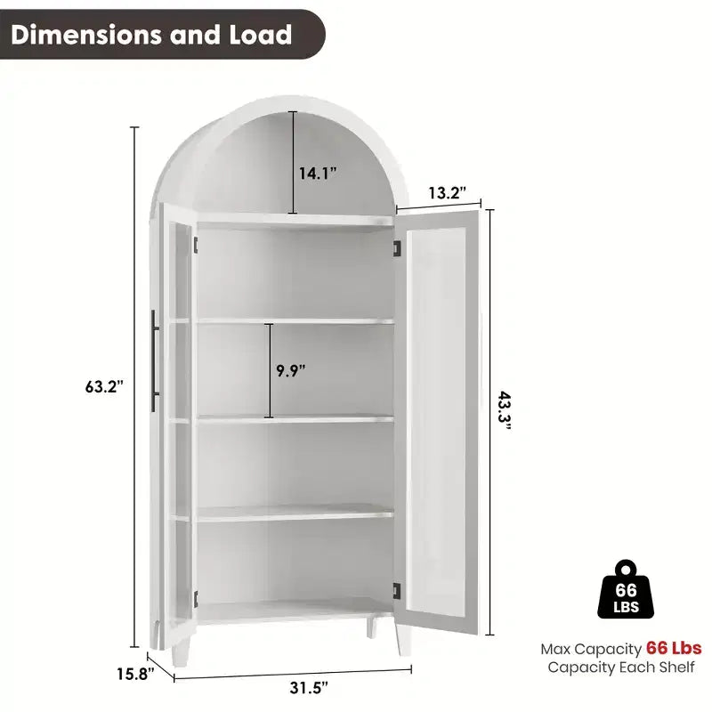 63.2 Gabinete de despensa de cocina con arco, estante de exhibición de 5 niveles con estante ajustable y 2 puertas grandes de vidrio, para cocina, comedor, sala de estar