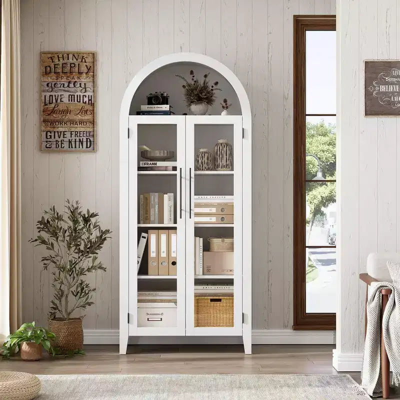 63.2 Gabinete de despensa de cocina con arco, estante de exhibición de 5 niveles con estante ajustable y 2 puertas grandes de vidrio, para cocina, comedor, sala de estar