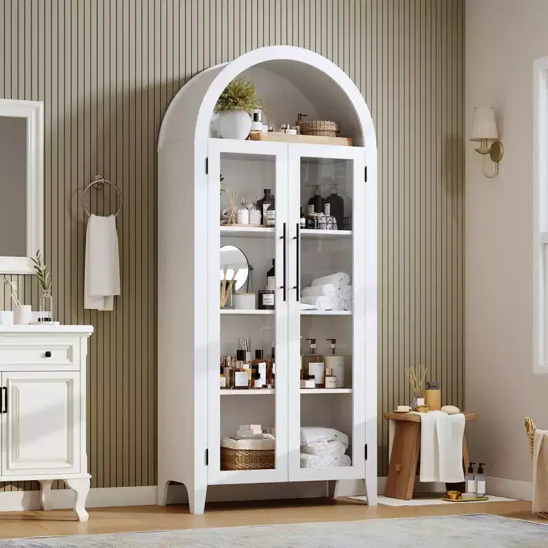 63.2 Gabinete de despensa de cocina con arco, estante de exhibición de 5 niveles con estante ajustable y 2 puertas grandes de vidrio, para cocina, comedor, sala de estar
