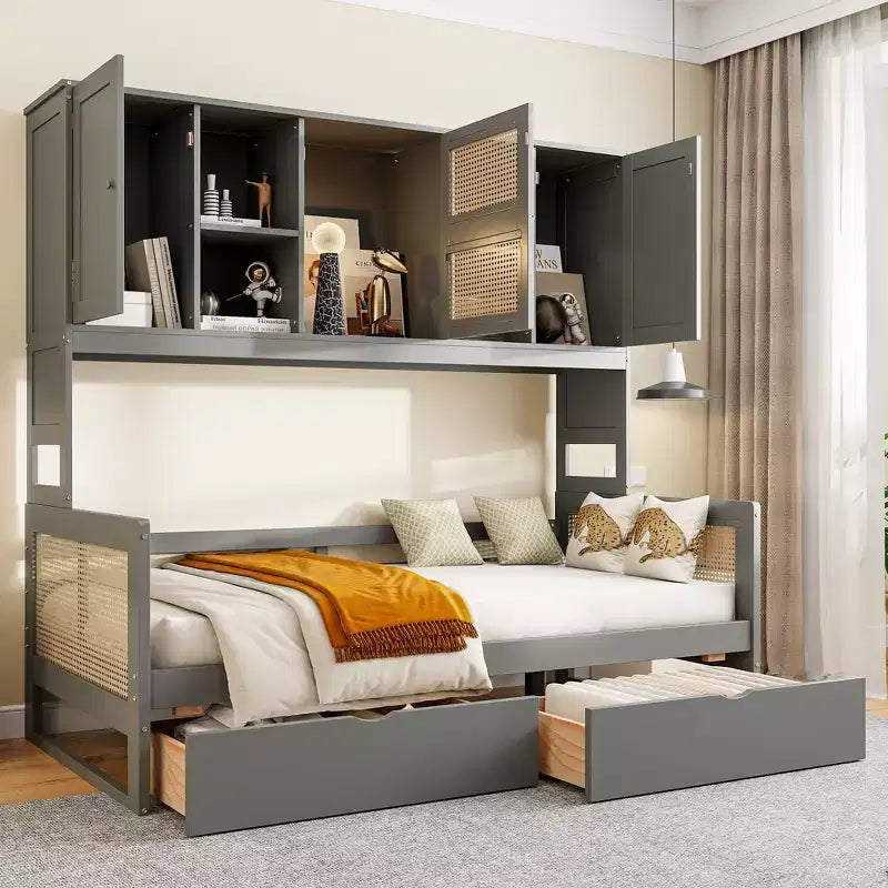 Sofá cama doble/matrimonial con estantería de almacenamiento, sofá cama de madera con armarios y estantes de almacenamiento