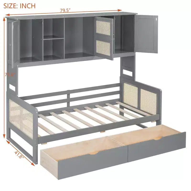 Sofá cama doble/matrimonial con estantería de almacenamiento, sofá cama de madera con armarios y estantes de almacenamiento