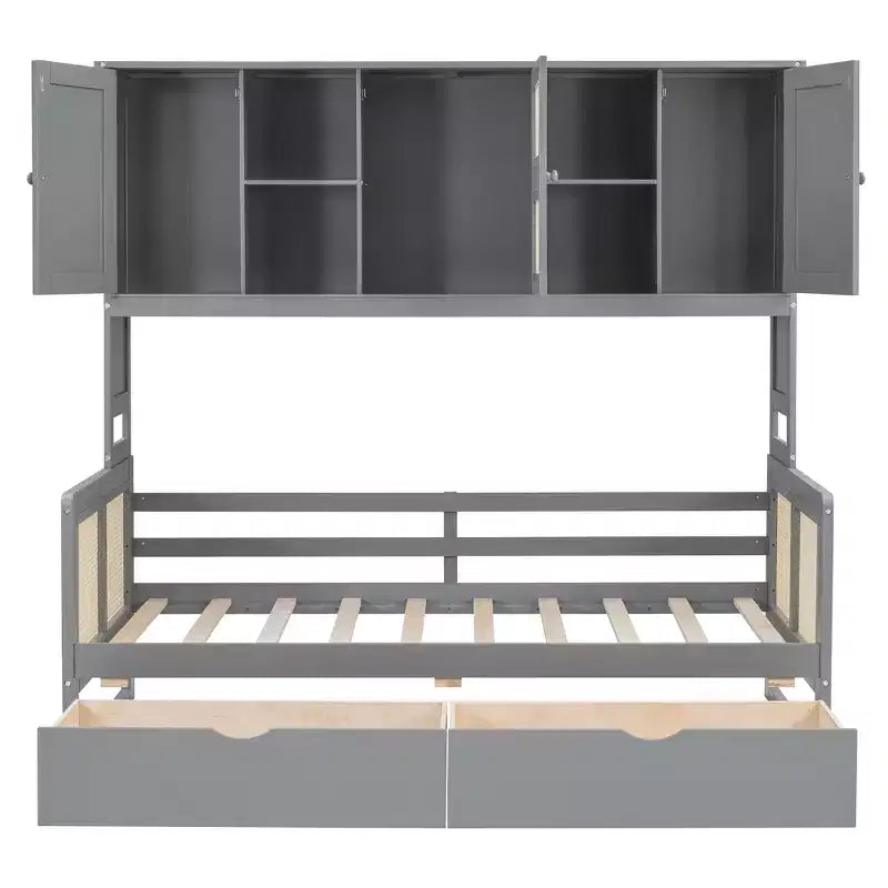 Sofá cama doble/matrimonial con estantería de almacenamiento, sofá cama de madera con armarios y estantes de almacenamiento
