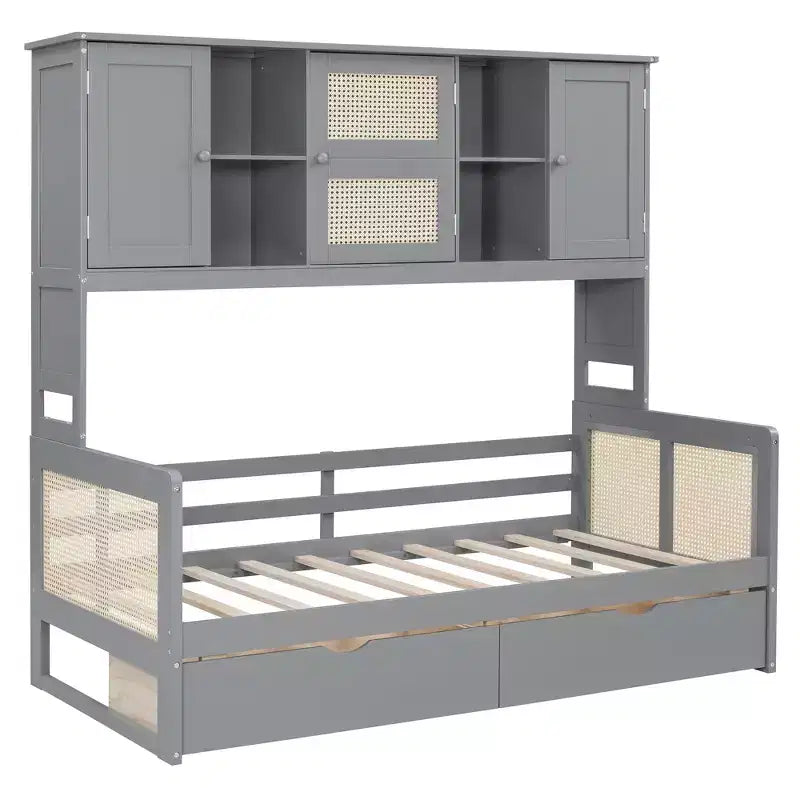 Sofá cama doble/matrimonial con estantería de almacenamiento, sofá cama de madera con armarios y estantes de almacenamiento