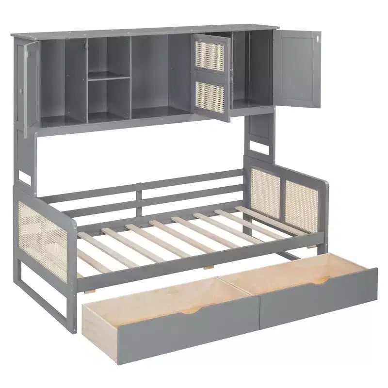 Sofá cama doble/matrimonial con estantería de almacenamiento, sofá cama de madera con armarios y estantes de almacenamiento