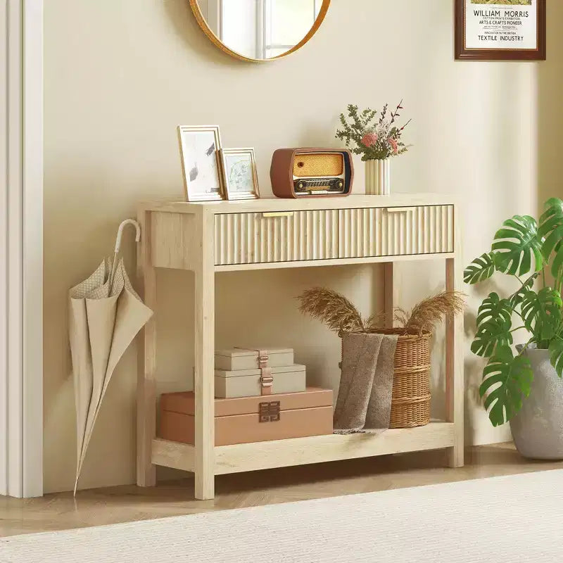HOMCOM Mesa consola moderna de 35 pulgadas con almacenaje, mesa estrecha para pasillo con cajones de paneles estriados y estante para sala de estar, natural