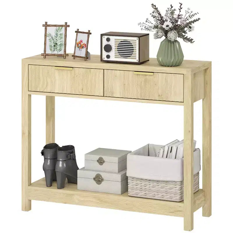 HOMCOM Mesa consola moderna de 35 pulgadas con almacenaje, mesa estrecha para pasillo con cajones de paneles estriados y estante para sala de estar, natural