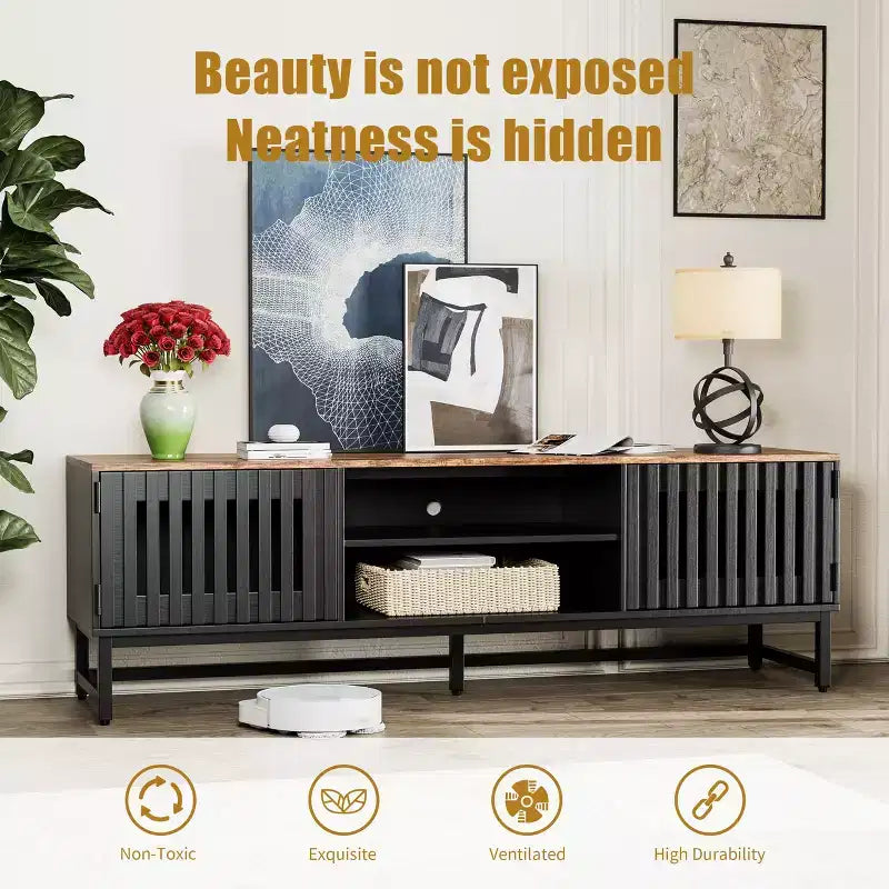 Mueble de TV Moderno de Temperatura Media de 63 Pulgadas | Puertas con Rejilla de Listones y Almacenamiento Ideal para Sala de Estar, Dormitorio y Centro de Entretenimiento