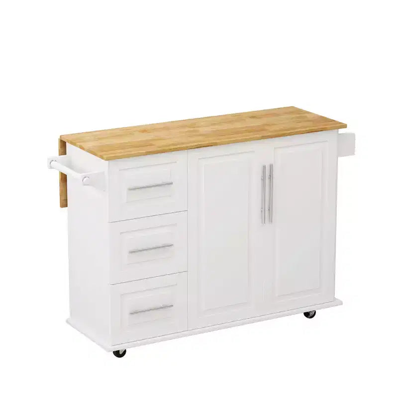 Okak Isla de Cocina Moderna con Encimera Abatible y Cajones, Carrito de Cocina Móvil con Ruedas y Estantes, Armario de Almacenamiento, Mesa de Comedor Plegable