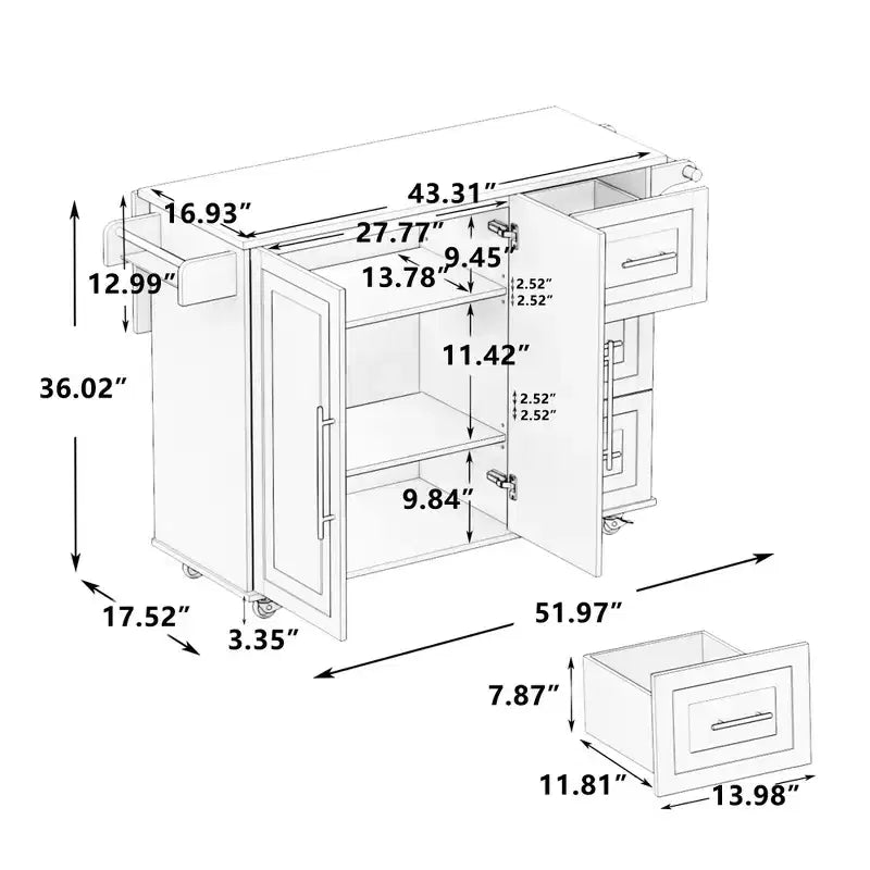 Okak Isla de Cocina Moderna con Encimera Abatible y Cajones, Carrito de Cocina Móvil con Ruedas y Estantes, Armario de Almacenamiento, Mesa de Comedor Plegable