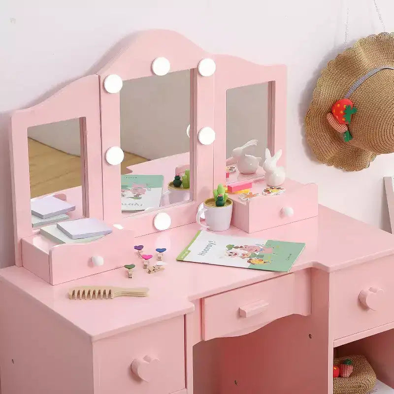Juego de tocador con espejo, tocador infantil de madera 2 en 1 con taburete y cajón