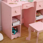 Juego de tocador con espejo, tocador infantil de madera 2 en 1 con taburete y cajón