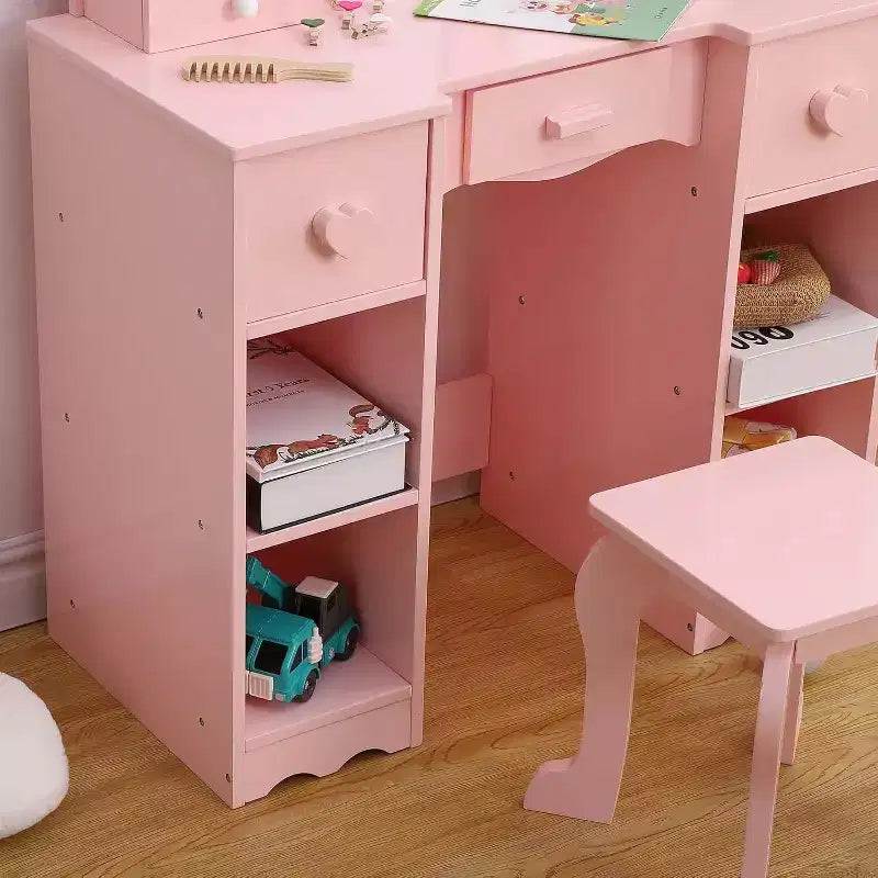 Juego de tocador con espejo, tocador infantil de madera 2 en 1 con taburete y cajón