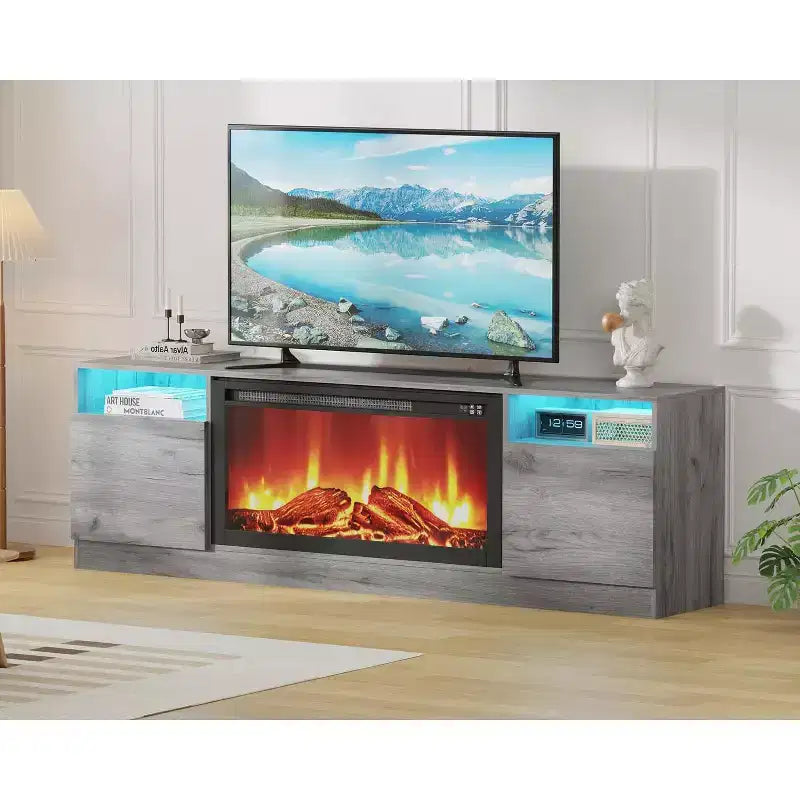 Mueble de TV moderno con iluminación LED, que incluye armarios de almacenamiento y estantes, adecuado para dormitorios y salas de estar.